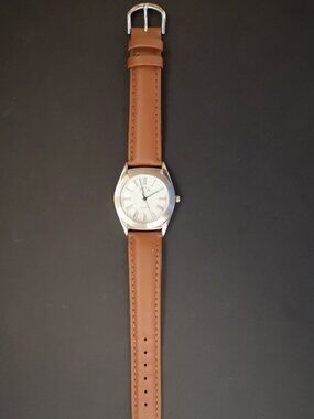 PCA Unisex Wristwatch w/ Light Brown Leather Strap Roman Numerals on White Dial